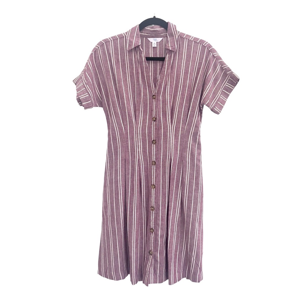 Time and Tru Women Shirt Dress XS Burgundy White Striped Button Down Mini